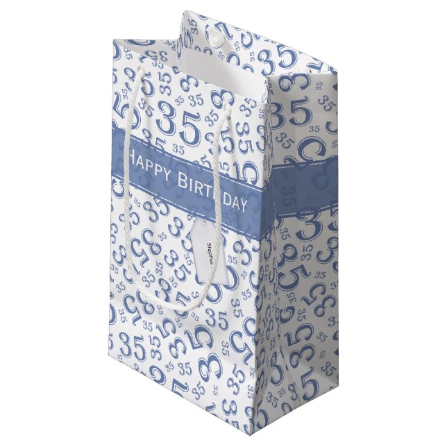 35th Birthday Random Number Pattern Blue/White Small Gift Bag (Front Angled)