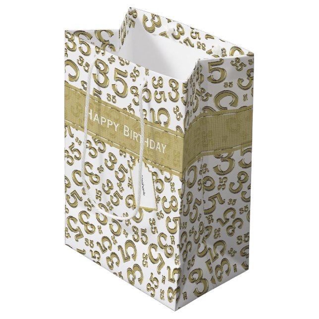 35th Birthday Random Number Pattern Gold/White Medium Gift Bag (Front Angled)