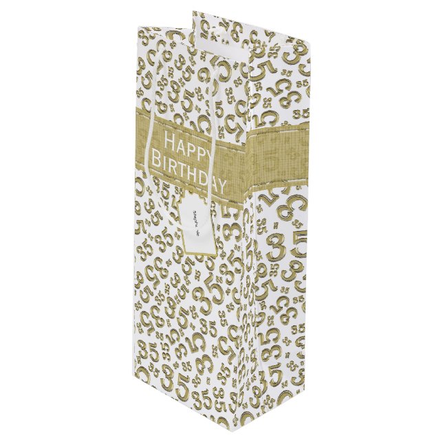 35th Birthday Random Number Pattern Gold/White Wine Gift Bag (Front Angled)
