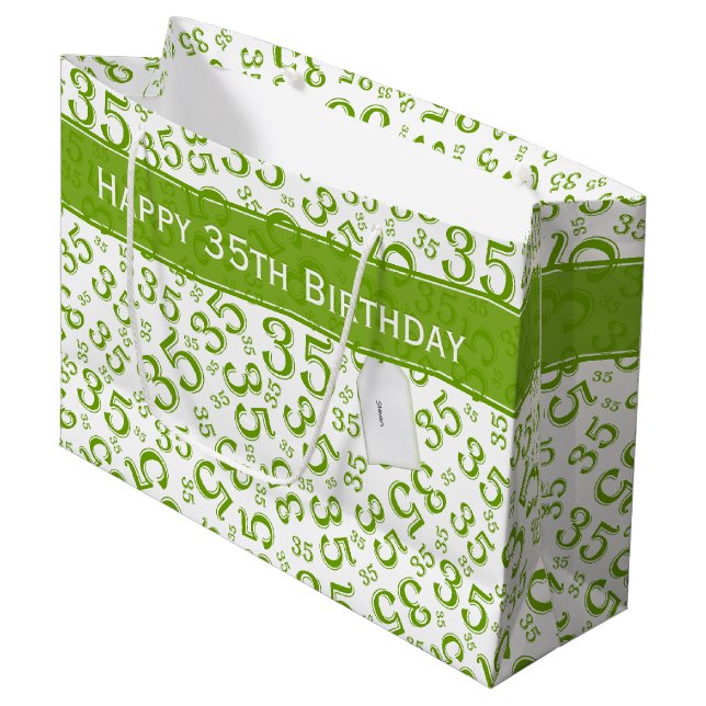 35th Birthday Random Number Pattern Green/White Large Gift Bag (Front Angled)