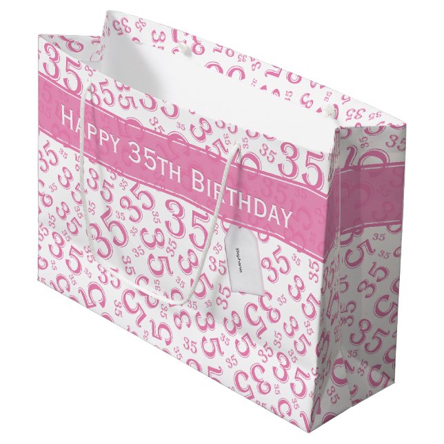 35th Birthday Random Number Pattern Pink/White Large Gift Bag (Front Angled)