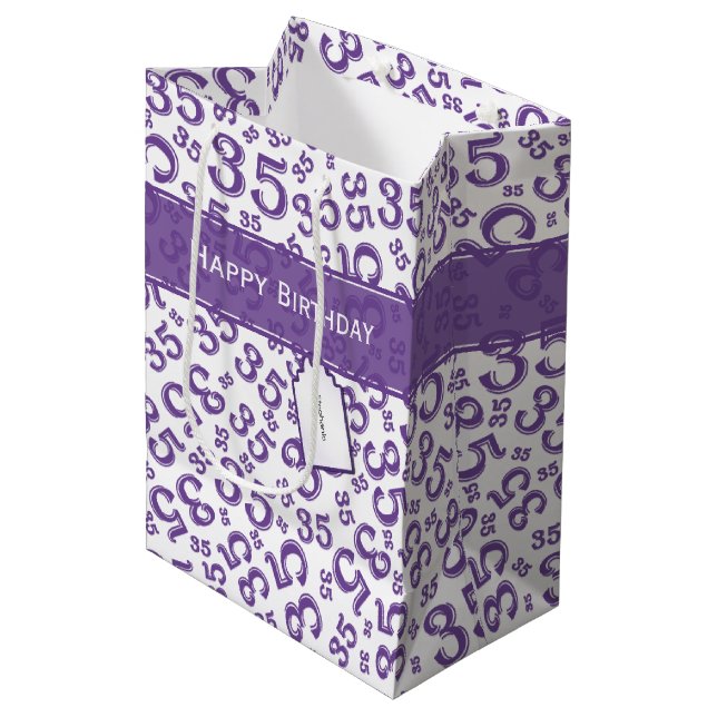 35th Birthday Random Number Pattern Purple/White Medium Gift Bag (Front Angled)
