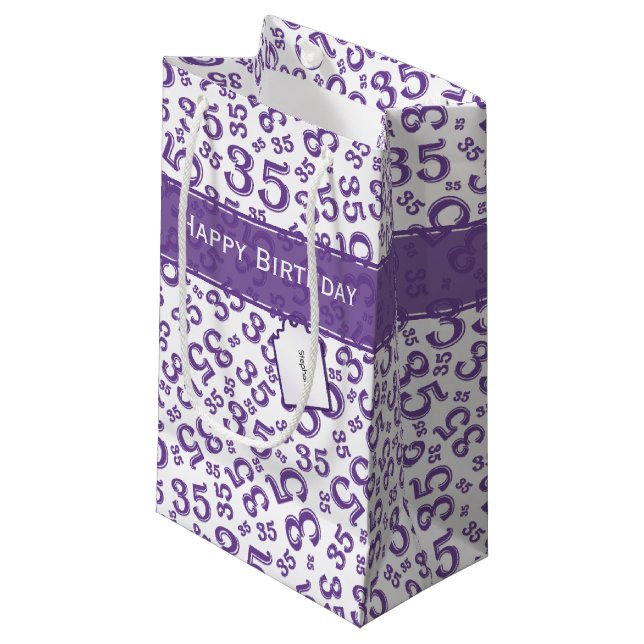 35th Birthday Random Number Pattern Purple/White Small Gift Bag (Front Angled)