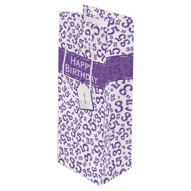 35th Birthday Random Number Pattern Purple/White Wine Gift Bag (Front Angled)