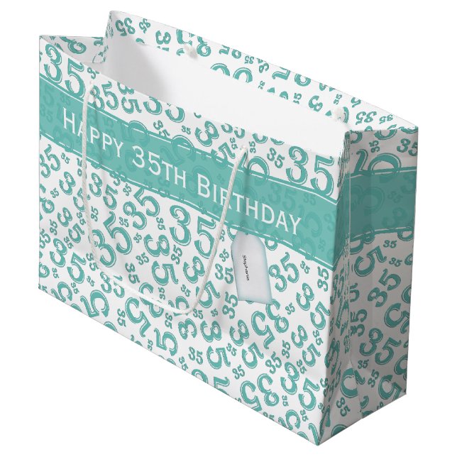 35th Birthday Random Number Pattern Teal/White Large Gift Bag (Front Angled)