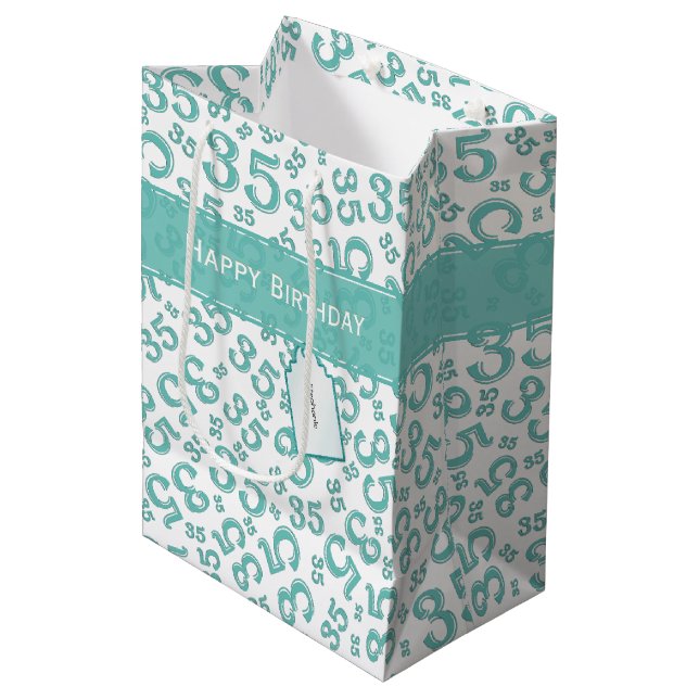 35th Birthday Random Number Pattern Teal/White Medium Gift Bag (Front Angled)