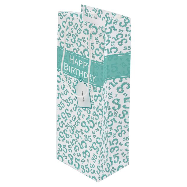 35th Birthday Random Number Pattern Teal/White Wine Gift Bag (Front Angled)