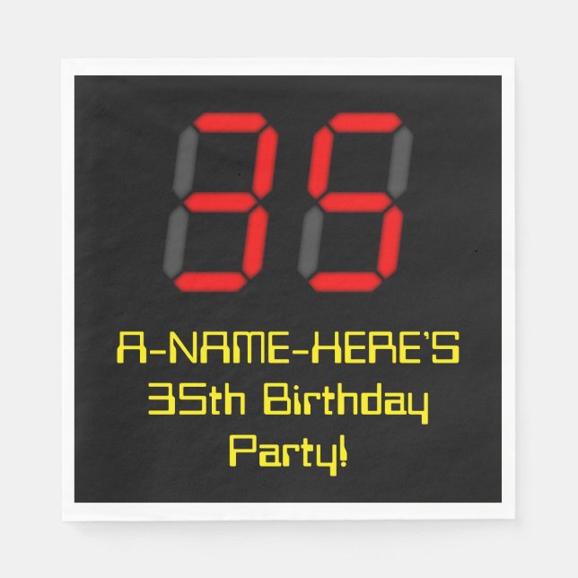 35th Birthday: Red Digital Clock Style "35" + Name Napkins (Front)