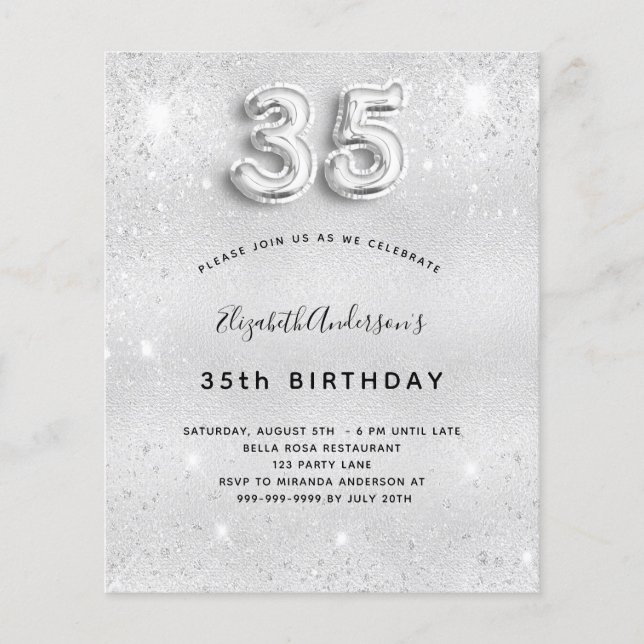 35th birthday silver glitter budget invitation (Front)