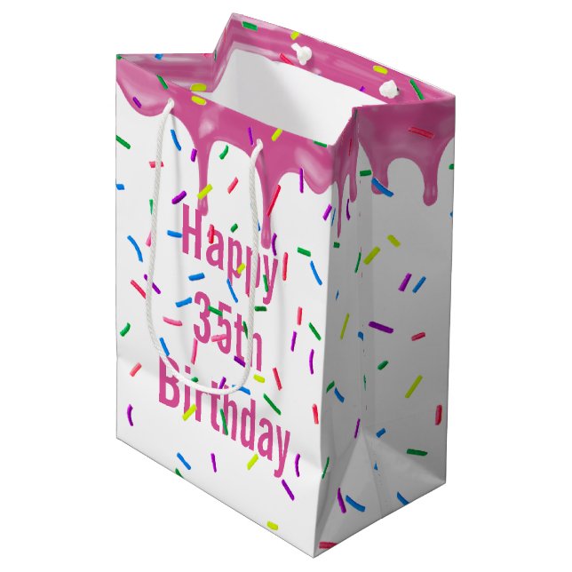 35th Birthday Sprinkles On Pink Icing Medium Gift Bag (Front Angled)