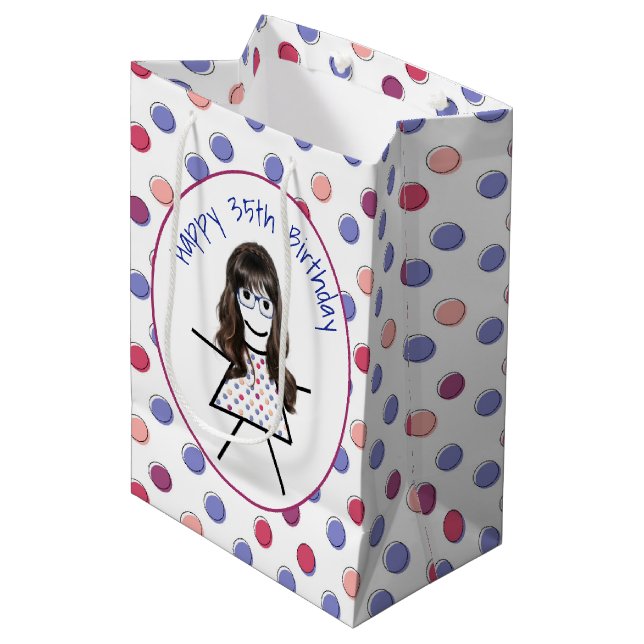 35th Birthday Stick Girl on Polka Dots    Medium Gift Bag (Front Angled)