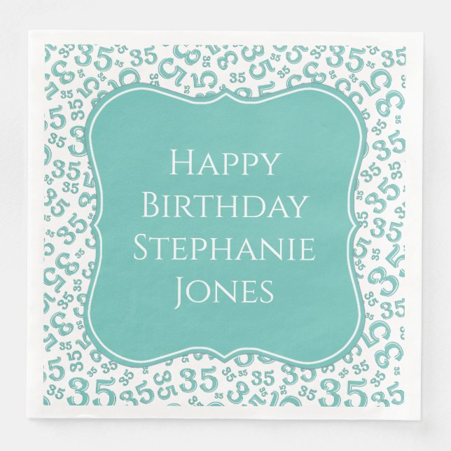 35th Birthday Teal/White Random Pattern 35 Paper Dinner Napkins (Front)