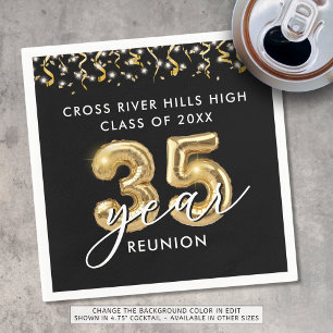 35th Class Reunion Black Gold Balloons Confetti Napkins