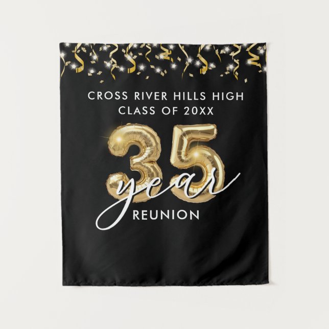 35th Class Reunion Black Gold Balloons Confetti Tapestry (Front)