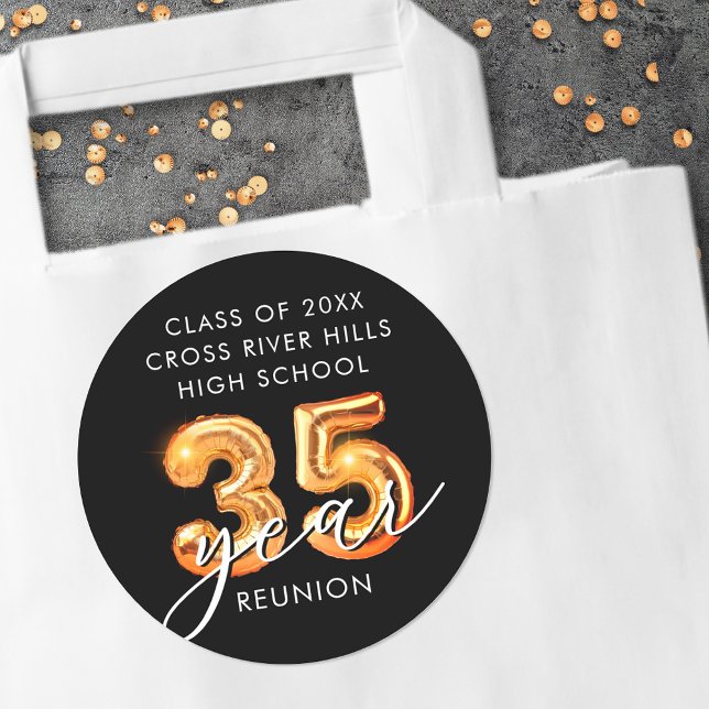 35th Class Reunion Black Orange Balloon Numbers Classic Round Sticker (Creator Uploaded)