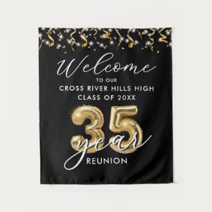 35th Class Reunion Welcome Black Gold Balloon Tapestry
