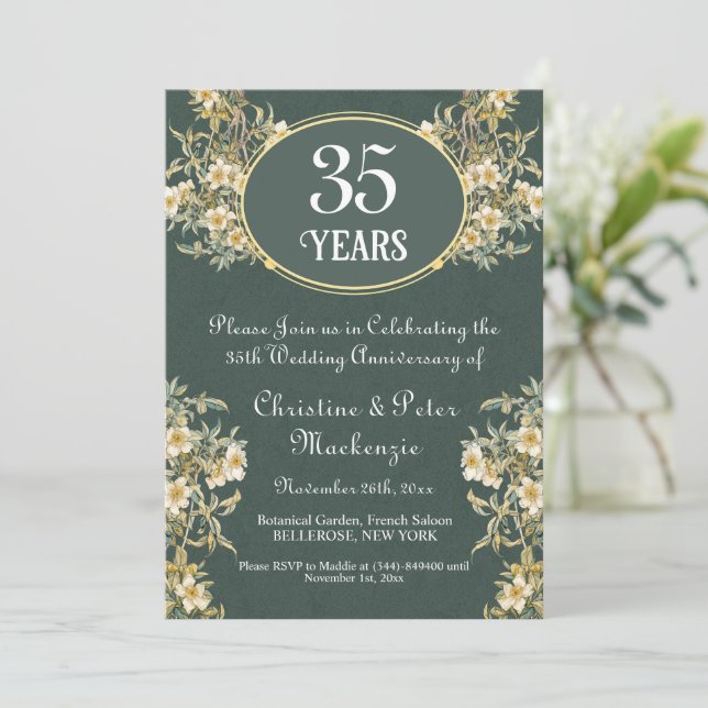 35th Coral Jade Wedding Anniversary Rich Floral Invitation (Standing Front)
