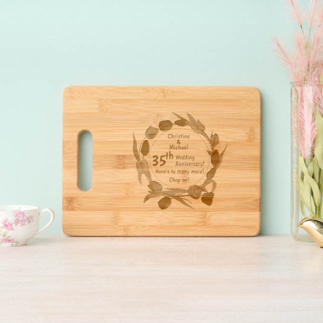 35th Coral - Jade Wedding Anniversary Tulips Frame Engraved Cutting Board (Upright)