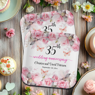 35th Coral Wedding Anniversary Blush Roses Paper Plates