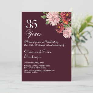 35th Coral Wedding Anniversary Burgundy Floral Invitation