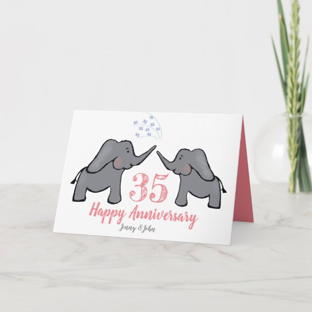 35th coral wedding anniversary cute elephant card (Front)