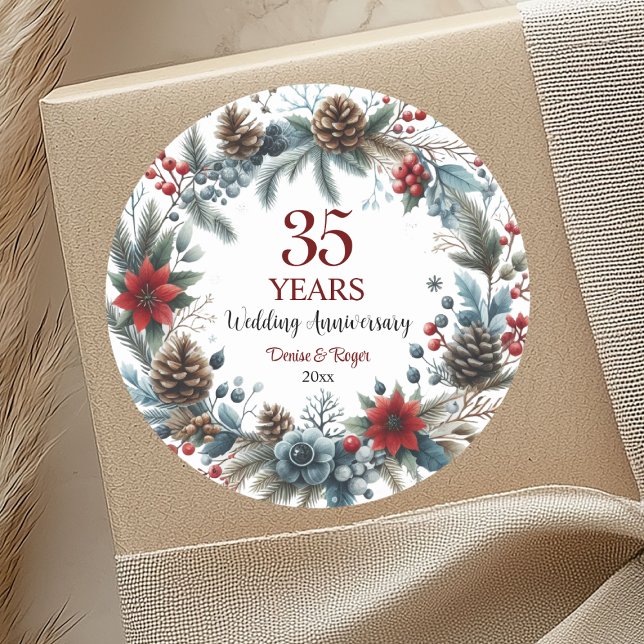 35th Coral Wedding Anniversary Elegant Winter Classic Round Sticker (Creator Uploaded)