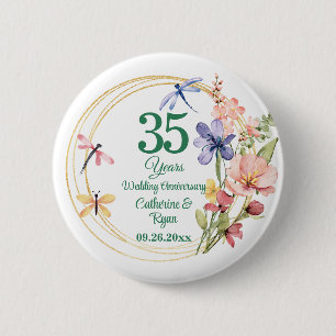 35th Coral Wedding Anniversary Gold Frame Floral Button