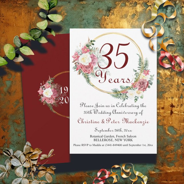 35th Coral Wedding Anniversary Roses Gold Frame Invitation (Creator Uploaded)