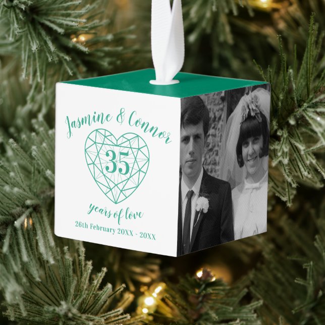 35th Emerald Wedding Anniversary custom photo Cube Ornament (Tree)