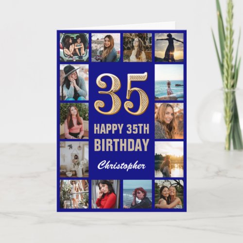 35th Happy Birthday Navy Blue & Gold Photo Collage