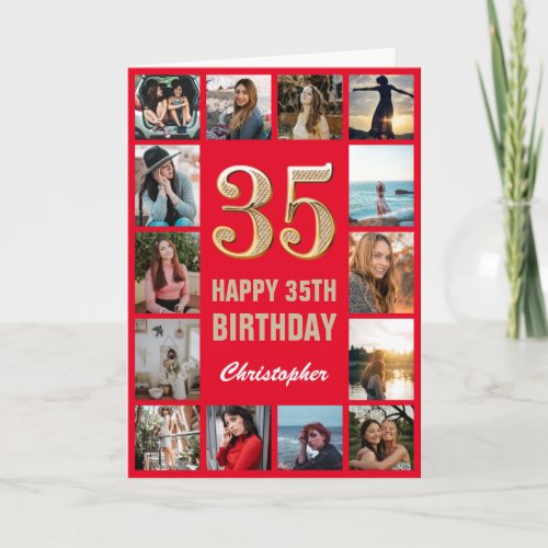 35th Happy Birthday Red and Gold Photo Collage Card