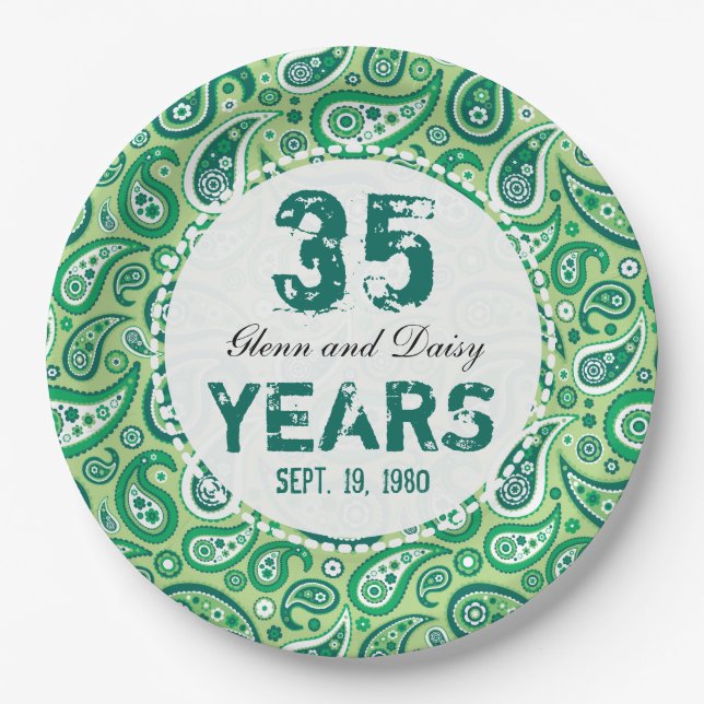 35th Jade Wedding Anniversary Paisley Pattern Paper Plates (Front)
