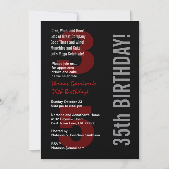 35th Modern Birthday Black White Red Metallic Invitation (Front)
