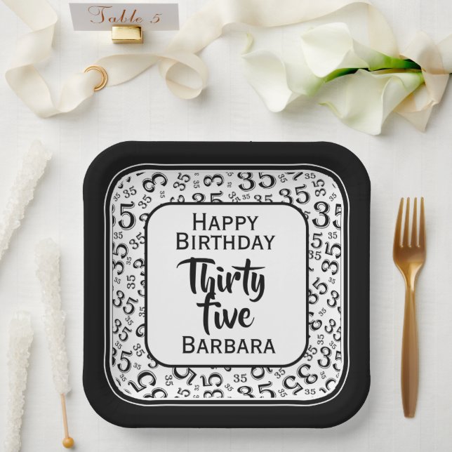 35th Party Random Number Pattern Black/White Paper Plates (Wedding)