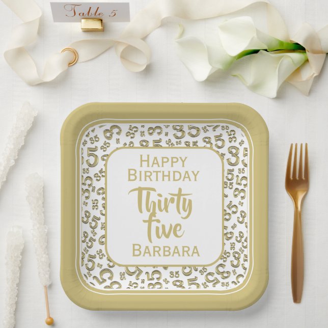 35th Party Random Number Pattern Gold/White Paper Plates (Wedding)