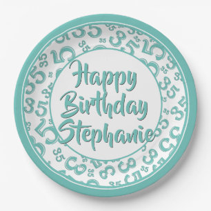 35th Party Random Number Pattern Teal/White Paper Plates