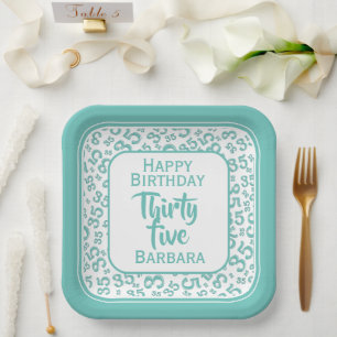 35th Party Random Number Pattern Teal/White Paper Plates