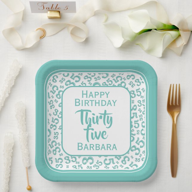 35th Party Random Number Pattern Teal/White Paper Plates (Wedding)