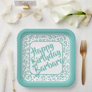 35th Party Random Number Pattern Teal/White Paper Plates