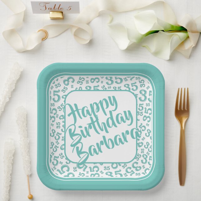 35th Party Random Number Pattern Teal/White Paper Plates (Wedding)