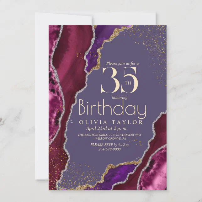 35th Spark Pink gold Agate Birthday Women Party Invitation