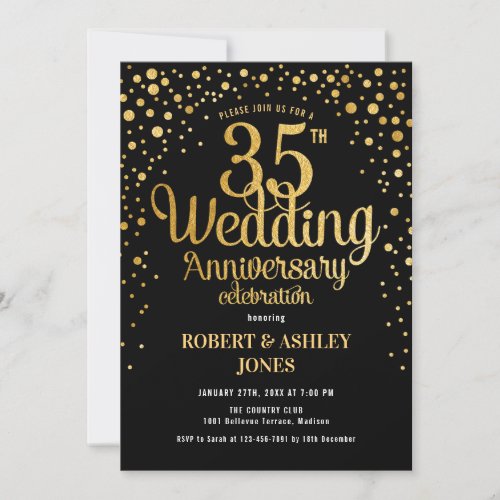 35th Wedding Anniversary _ Black  Gold Invitation