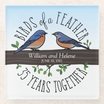 35th Wedding Anniversary  Bluebirds Of A Feather Glass Coaster by DuchessOfWeedlawn at Zazzle