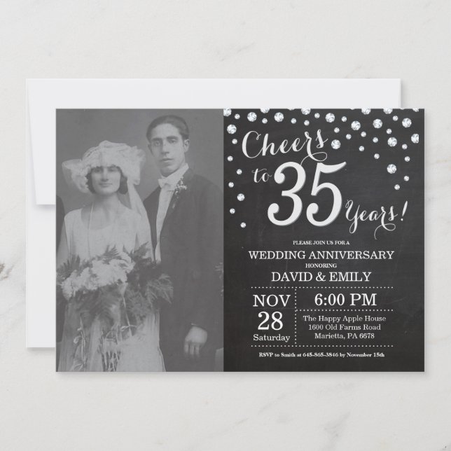 35th Wedding Anniversary Chalkboard Black Silver Invitation (Front)