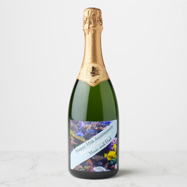 35th Wedding Anniversary Coral Sparkling Wine Label (Front)