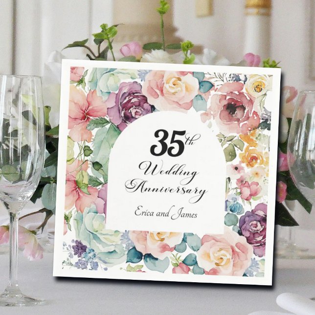 35th Wedding Anniversary Elegant Script Floral Napkins (Creator Uploaded)