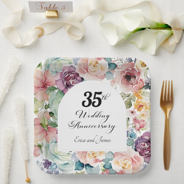 35th Wedding Anniversary Elegant Script Floral Paper Plates (Wedding)