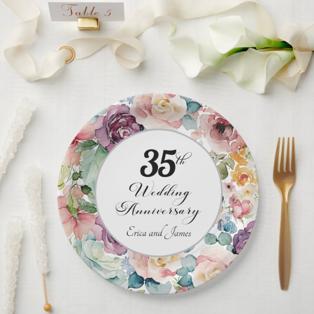 35th Wedding Anniversary Elegant Script Floral Paper Plates (Wedding)