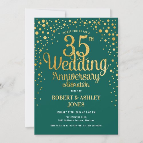 35th Wedding Anniversary _ Emerald Green  Gold Invitation