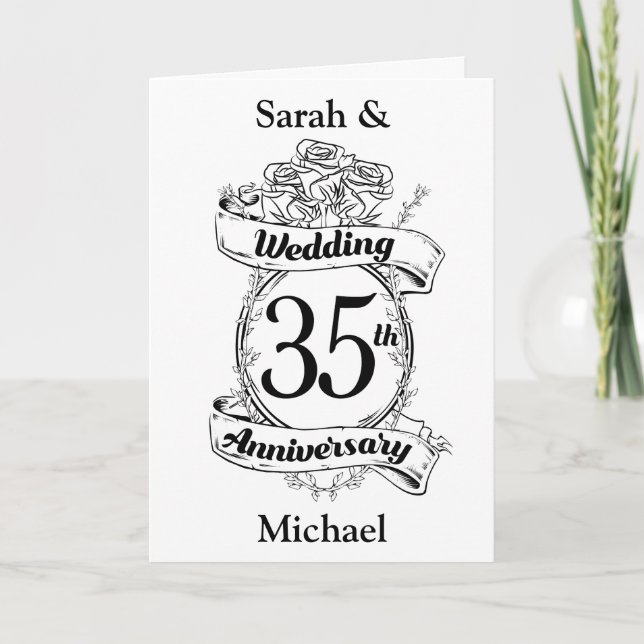 35th Wedding Anniversary Flowers black and white Card (Front)